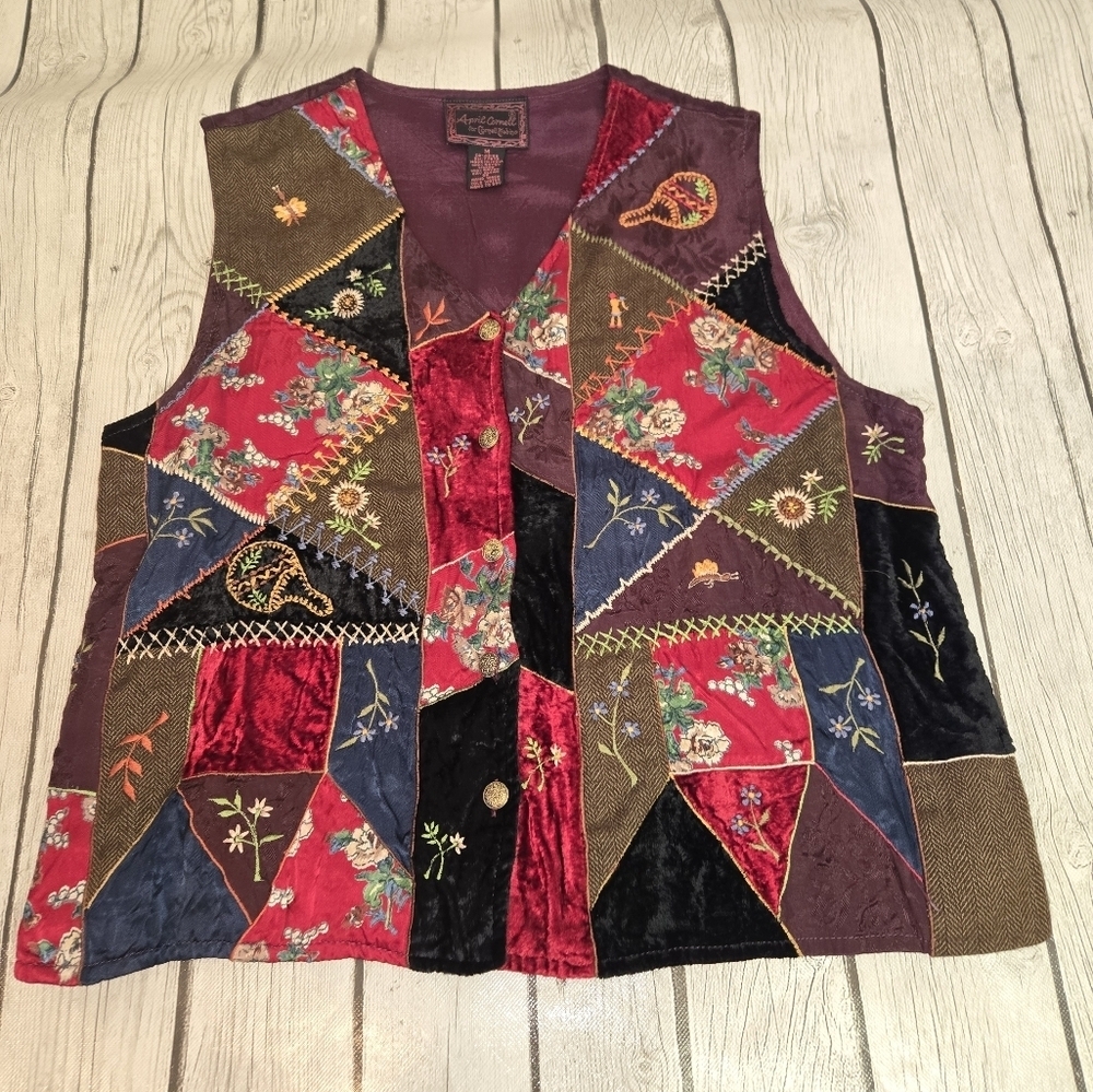 April Cornell Women's Vest Multicolor Velvet Patchwork Buttons MD Boho Vintage